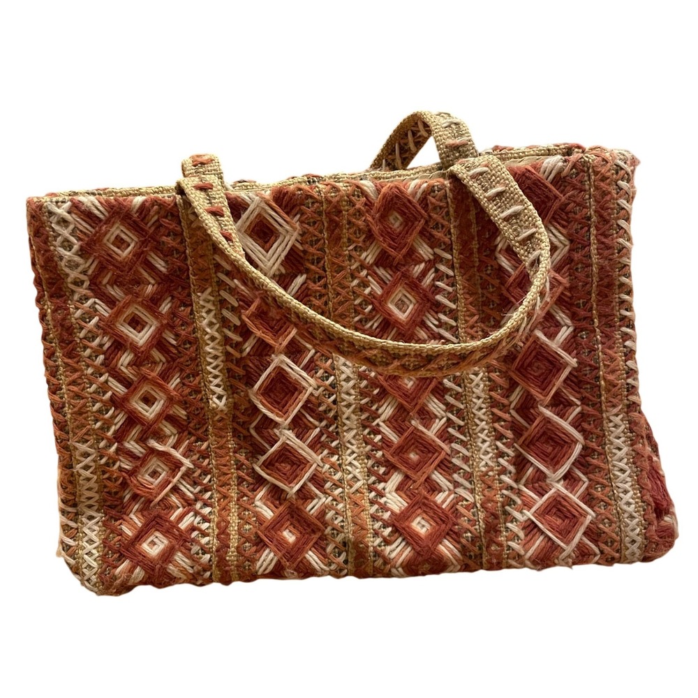 Woven Jute‎ Geometric Diamond Aztec Boho Tote Bag Terracotta Tan Cream Handbag